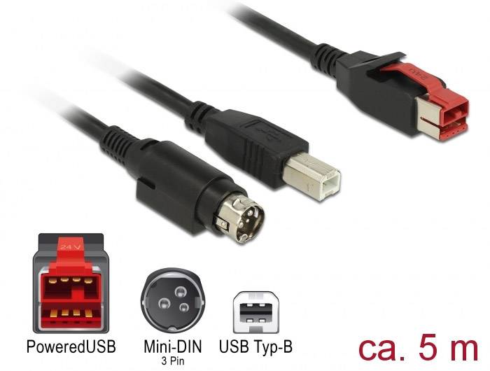 Delock USB-Kabel USB 2.0 PoweredUSB 24V Stecker, USB-B Stecker, Hosiden Mini-DIN 3pol. Stecker 5.00 m Schwarz 85491