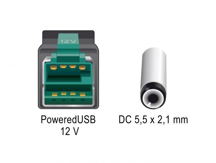 Delock USB-Stromkabel USB 2.0 PoweredUSB 12V Stecker, DC Stecker 5,5 mm 5.00 m Schwarz 85501