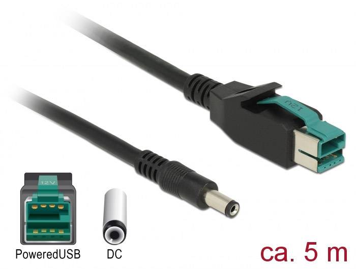 Delock USB-Stromkabel USB 2.0 PoweredUSB 12V Stecker, DC Stecker 5,5 mm 5.00 m Schwarz 85501