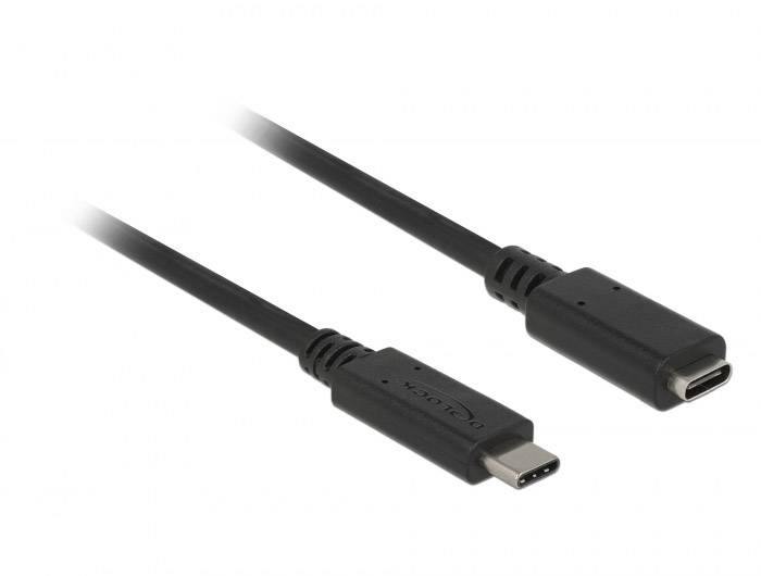 Zwei schwarze USB-C-Kabel, eines mit Stecker, das andere mit Buchse, auf weißem Hintergrund.