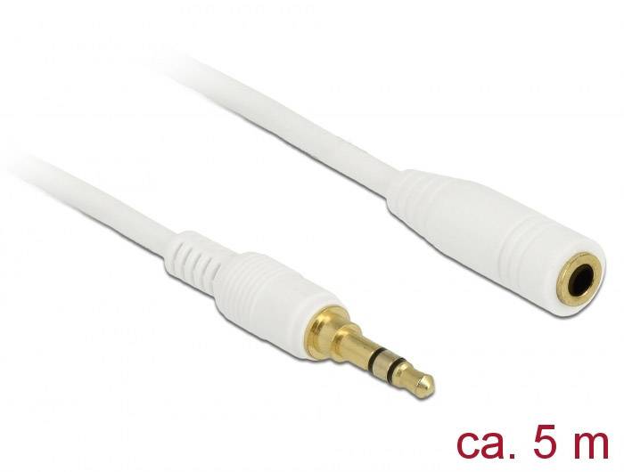 Delock 85591 Klinke Audio Verlängerungskabel [1x Klinkenstecker 3.5 mm - 1x Klinkenbuchse 3.5 mm] 5.00 m Weiß vergoldete Steckkontakte