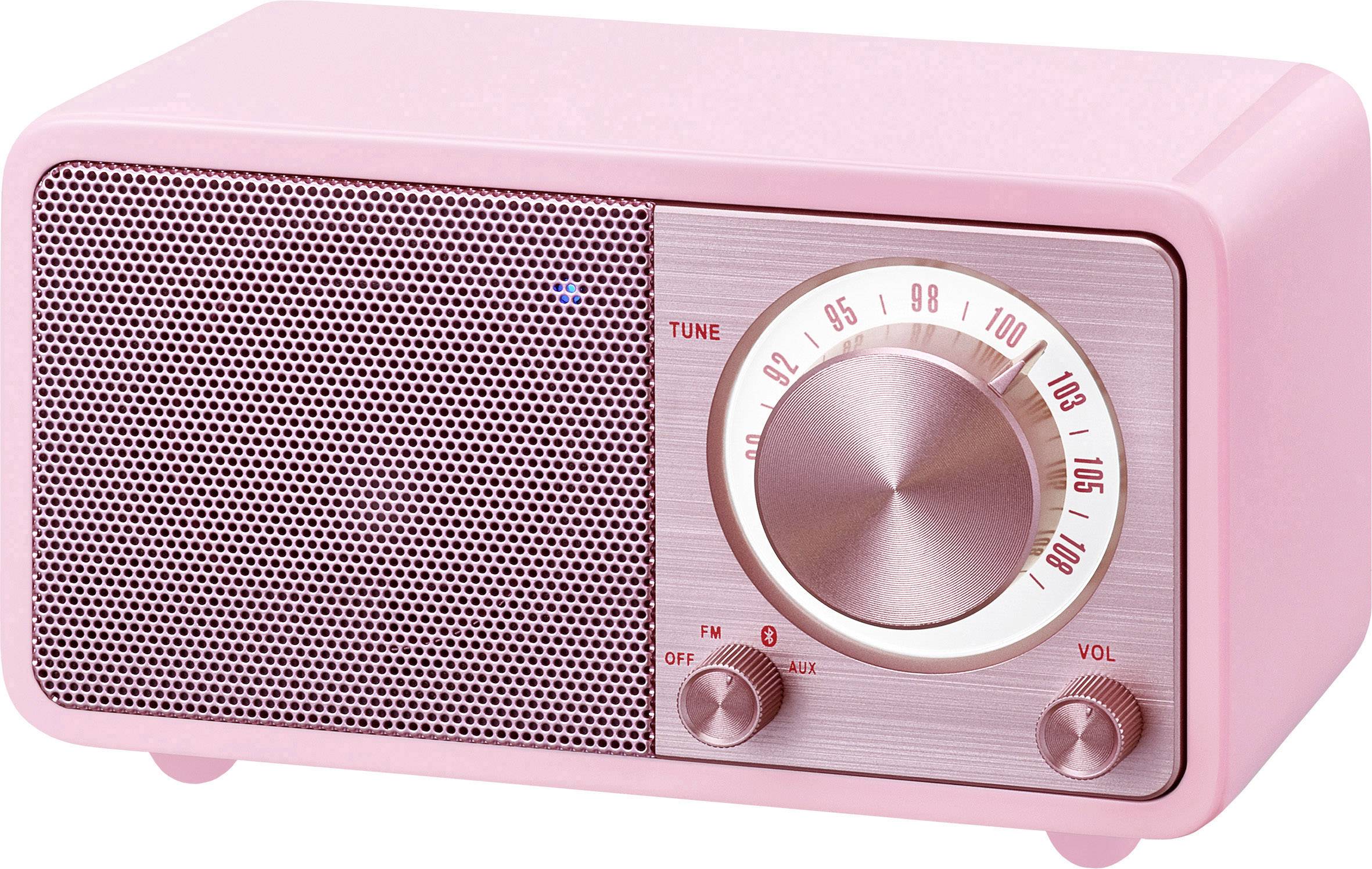 Ein rosafarbenes Retro-Radio mit großen Lautstärkereglern und einem Drehknopf für Frequenzeinstellungen; Design im Vintage-Stil.