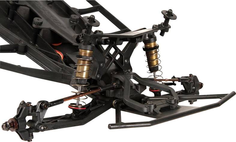 Nahaufnahme eines ferngesteuerten Autoaufhängungssystems mit sichtbaren Stoßdämpfern und Querlenkern, zeigt mechanische Details.