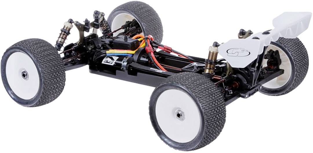 Ferngesteuertes Auto mit vier großen Reifen und sichtbarer Elektronik. Das Chassis ist schwarz, und das Fahrzeug hat eine weiße Karosserie.
