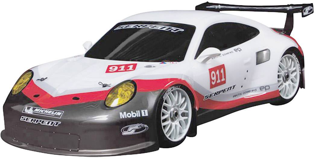 Ein weiß-rotes Modellauto mit der Nummer '911', sportlicher Look mit auffälligem Spoiler und Sponsorenlogos an den Seiten.