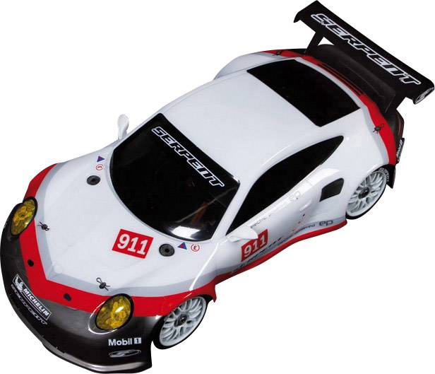 Spielzeugrennwagen in weiß mit roten Details, nummeriert mit '911'. Modell hat Sponsoraufkleber und einen großen Heckspoiler.