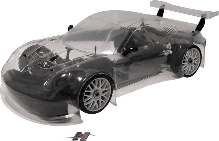 Klares Gehäuse eines Modellautos mit Spoiler und detaillierten Felgen, ohne Farbe oder Dekoration.