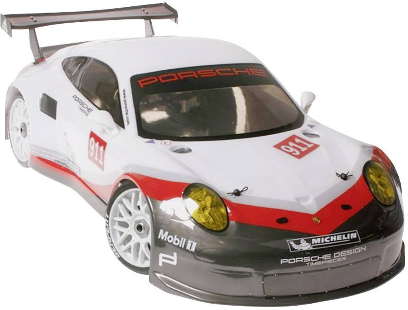 Spielzeugauto im Design eines Porsche-Rennwagens, weiß mit roten und schwarzen Akzenten. Aufschrift 'Porsche' und Startnummer '911'.