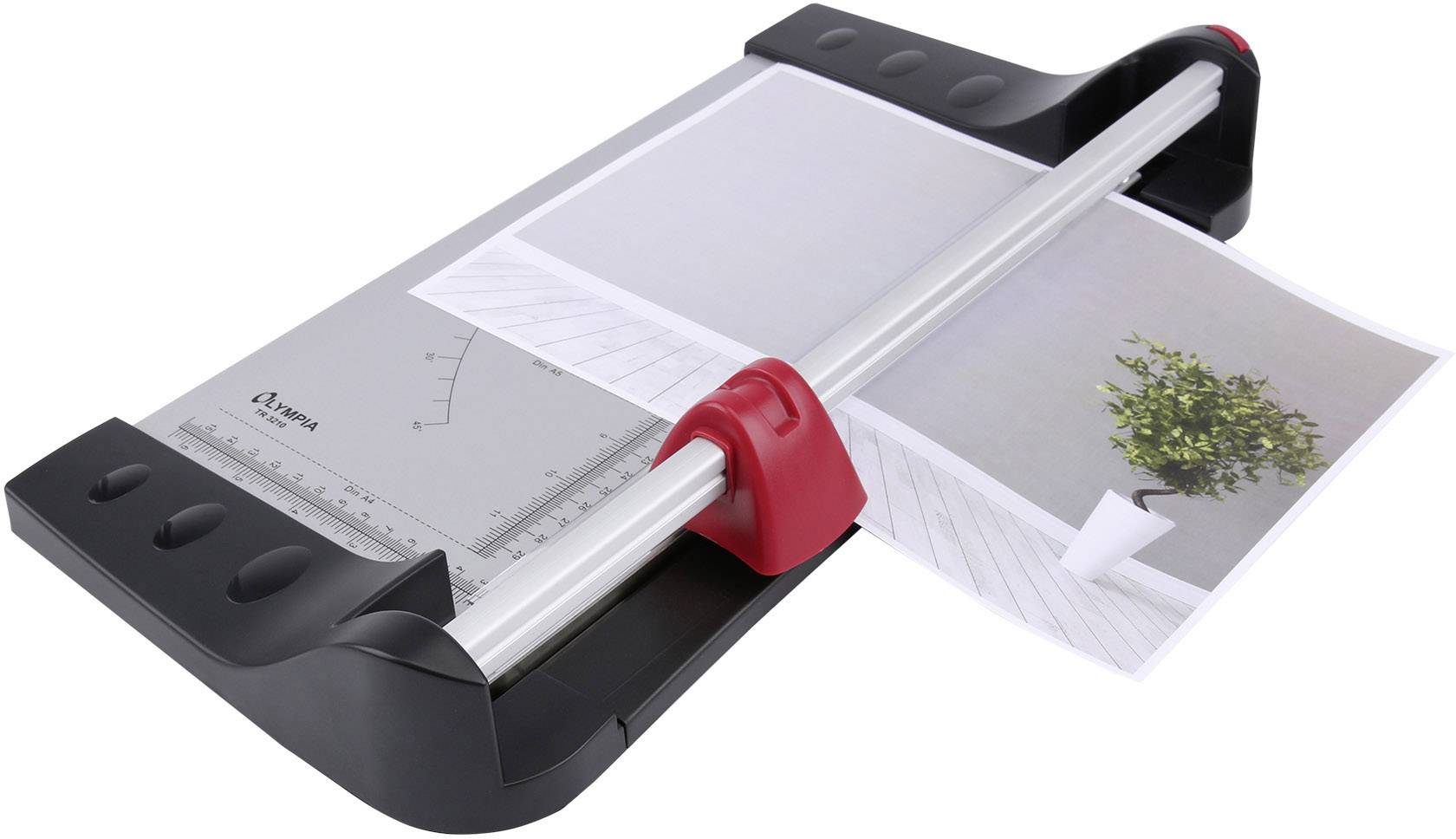 Papierschneidemaschine mit Lineal und Griff schneidet ein rechteckiges Blatt Papier mit einem Pflanzenbild an den Rändern.