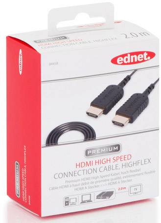Ednet HDMI Anschlusskabel HDMI-A Stecker, HDMI-A Stecker 2.00m Schwarz 84458 4K UHD, extrem dünn, vergoldete Steckkontakte