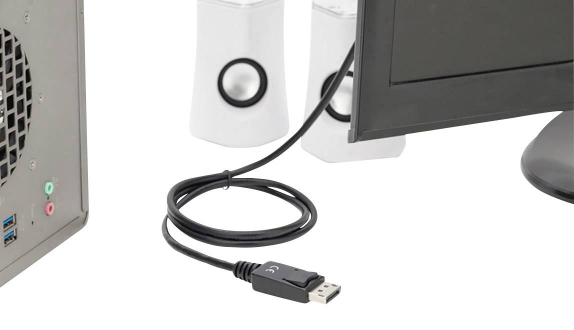 Ein Computermonitor, verbunden mit zwei Lautsprechern durch ein USB-Kabel, wobei das Kabel für die Audioverbindung genutzt wird.