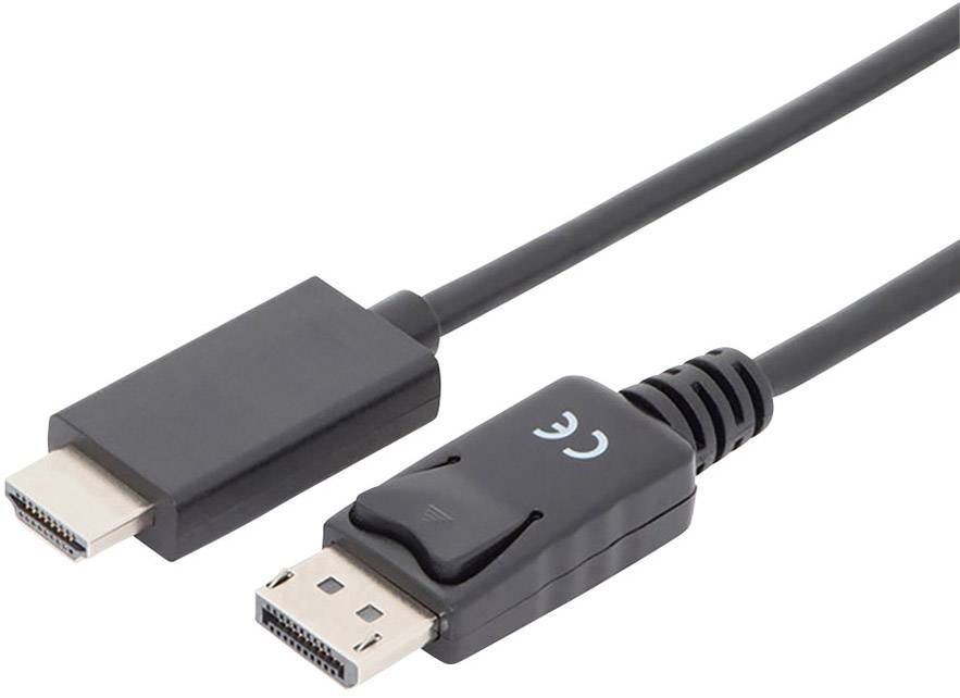 Ein schwarzes Kabel mit einem HDMI-Anschluss auf der einen Seite und einem DisplayPort-Anschluss auf der anderen, für audiovisuelle Übertragung.