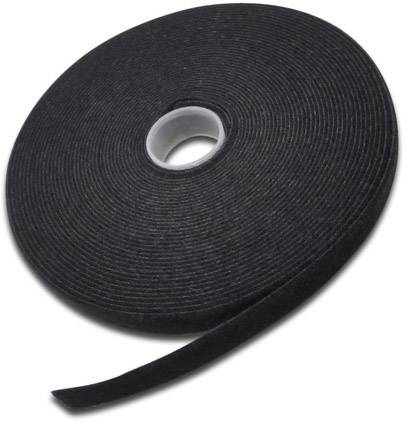 Eine Rolle schwarzes Klettband wird gezeigt, teilweise abgerollt. Sie wird häufig zum einfachen Befestigen oder Fixieren von Objekten verwendet.