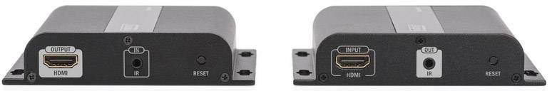 Zwei schwarze elektronische Geräte nebeneinander mit HDMI-, Strom- und Reset-Anschlüssen auf der Vorderseite.