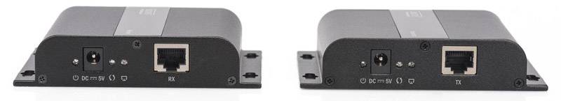 Zwei schwarze Netzwerkgeräte mit RJ45-Anschlüssen und Stromanschlüssen. Links steht 'RX', rechts 'TX'.