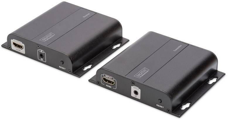 Zwei schwarze elektronische Geräte mit HDMI-Anschlüssen und Reset-Buttons. Sie sind flach und rechteckig, ideal für Heimkino-Setups.