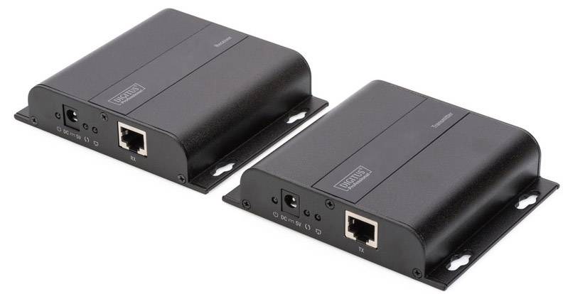 Zwei schwarze elektronische Geräte, die wie Netzwerkadapter aussehen, mit Ethernet-Anschlüssen und Stromanschlüssen auf der Vorderseite.