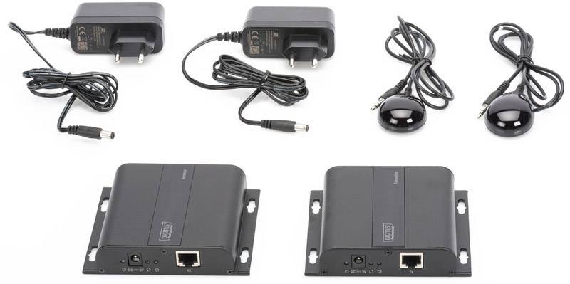 Zwei schwarze HDMI-Extender-Kits mit Adapterkabeln und Infrarot-Transmittern. Verwendet zur Signalübertragung über längere Strecken.