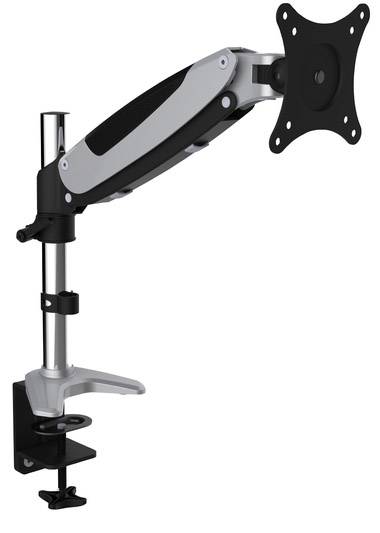 Schwarzer und silberner Monitorarm, der an einem Schreibtisch befestigt ist. Der Arm ist flexibel verstellbar und geeignet für Bildschirme.