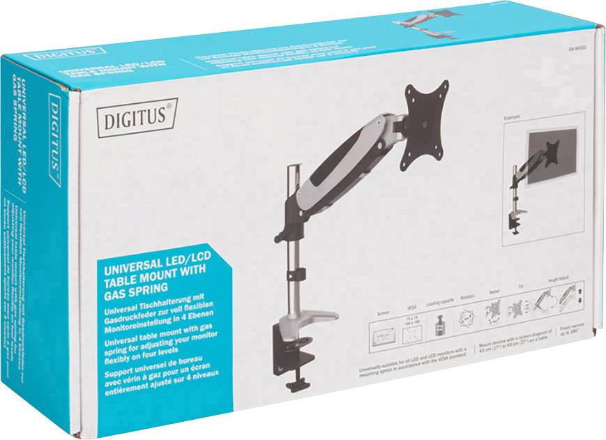 Verpackung eines DIGITUS Universal-LED/LCD-Tischhalters mit Gasfeder. Geeignet für Monitore bis 8 kg. Retro Verpackung mit Bild des Halters.