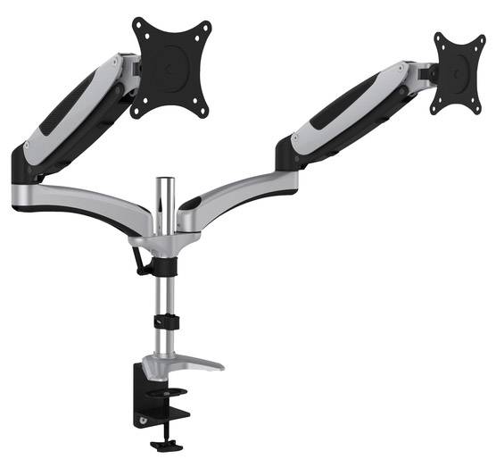 Ein doppelter Monitorarm aus Metall und Kunststoff zur Tischmontage. Beide Arme sind flexibel und verstellbar für optimalen Blickwinkel.