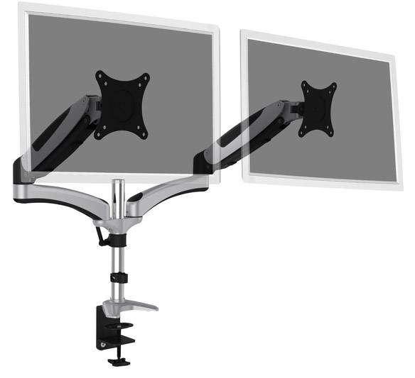 Zwei Computerbildschirme an einem verstellbaren Doppelmonitorhalter, montiert auf einem Tisch mit Klemme, geeignet für ergonomisches Arbeiten.