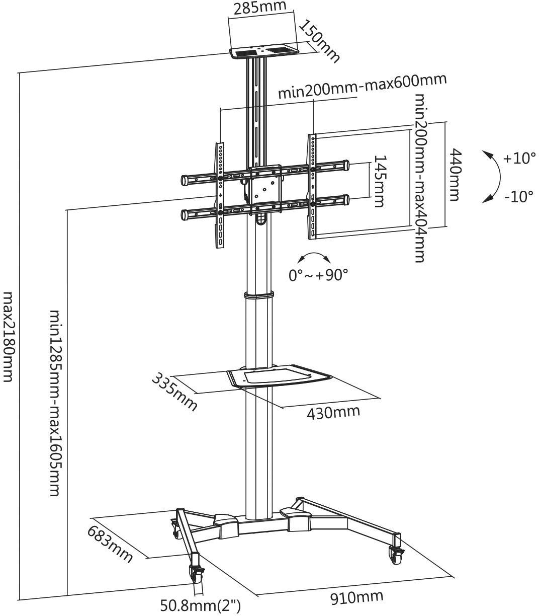 Digitus DA-90370 TV-Rollwagen Höhenverstellbar, Mit Tastaturablage, Mit Verriegelungsmechanismus, Verstellbare Verstrebung