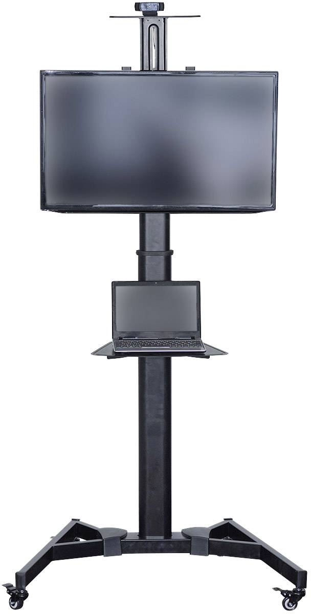 Ein höhenverstellbarer Rollwagen mit einem großen Monitor und einem Laptophalter, beide Geräte sind schwarz.