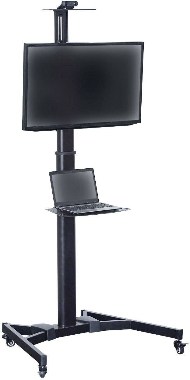 Rollbarer Ständer mit großem Bildschirm oben und Laptop-Halterung darunter. Geeignet für Präsentationen in flexiblen Umgebungen.