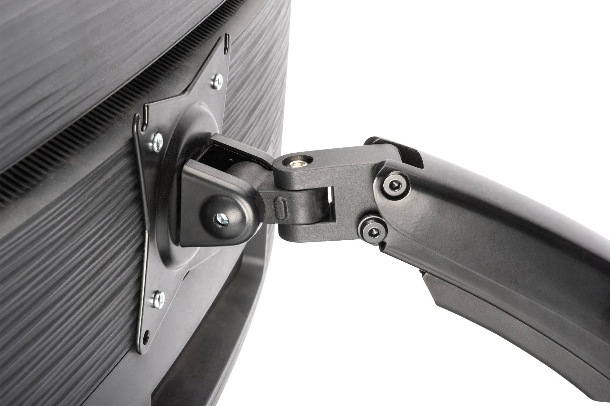 Schwenkarm aus schwarzem Metall, befestigt an der Rückseite eines Monitors. Zeigt Gelenkpunkte für flexible Bewegung und Anpassung.