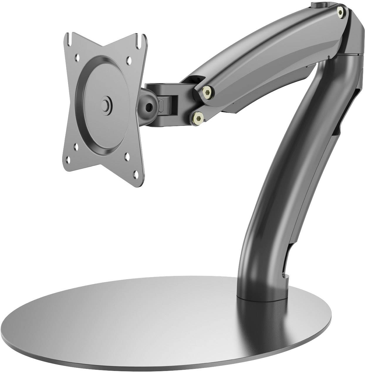 Einzigartig designter, drehbarer Monitorarm mit robustem Standfuß, geeignet zur Befestigung von Bildschirmen an Schreibtischen.