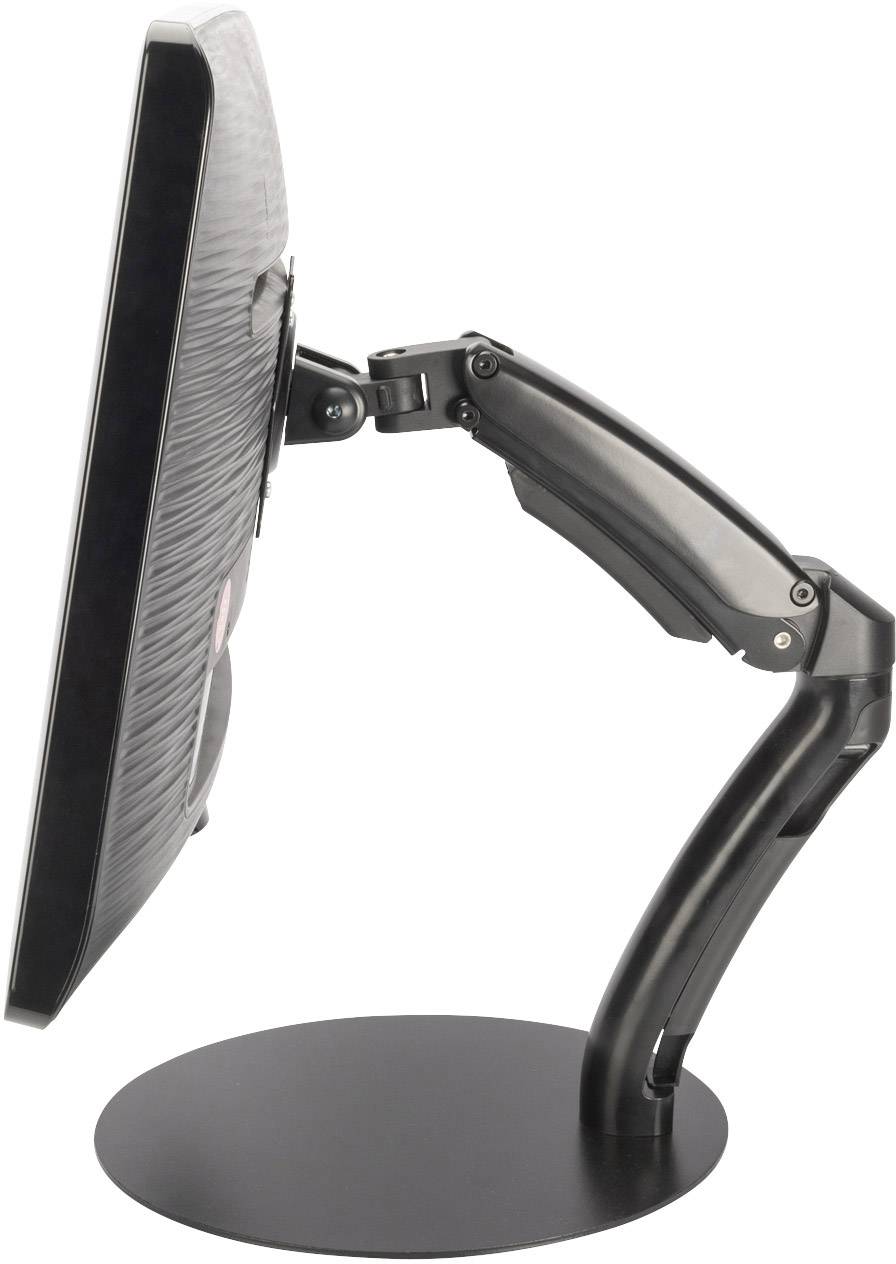 Flacher Computermonitor seitlich montiert auf einem flexiblen und einstellbaren Arm, steht auf einem runden Sockel.