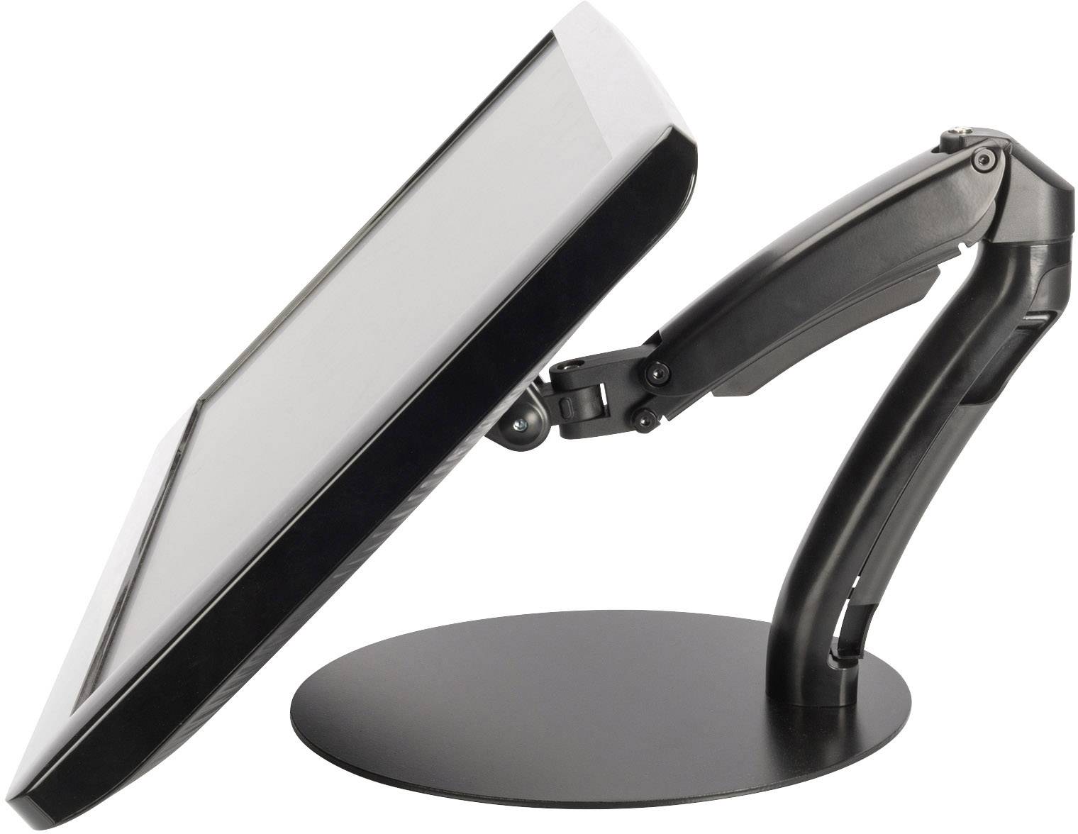Ein verstellbarer Monitorarm hält einen Bildschirm in horizontaler Position. Der Arm ermöglicht flexible Neigung und Rotation.