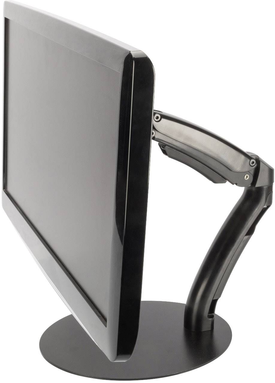 Ein schwarzer Computermonitor auf einem Tisch, zur Seite gedreht, mit einem verstellbaren Standfuß, der Flexibilität bietet.