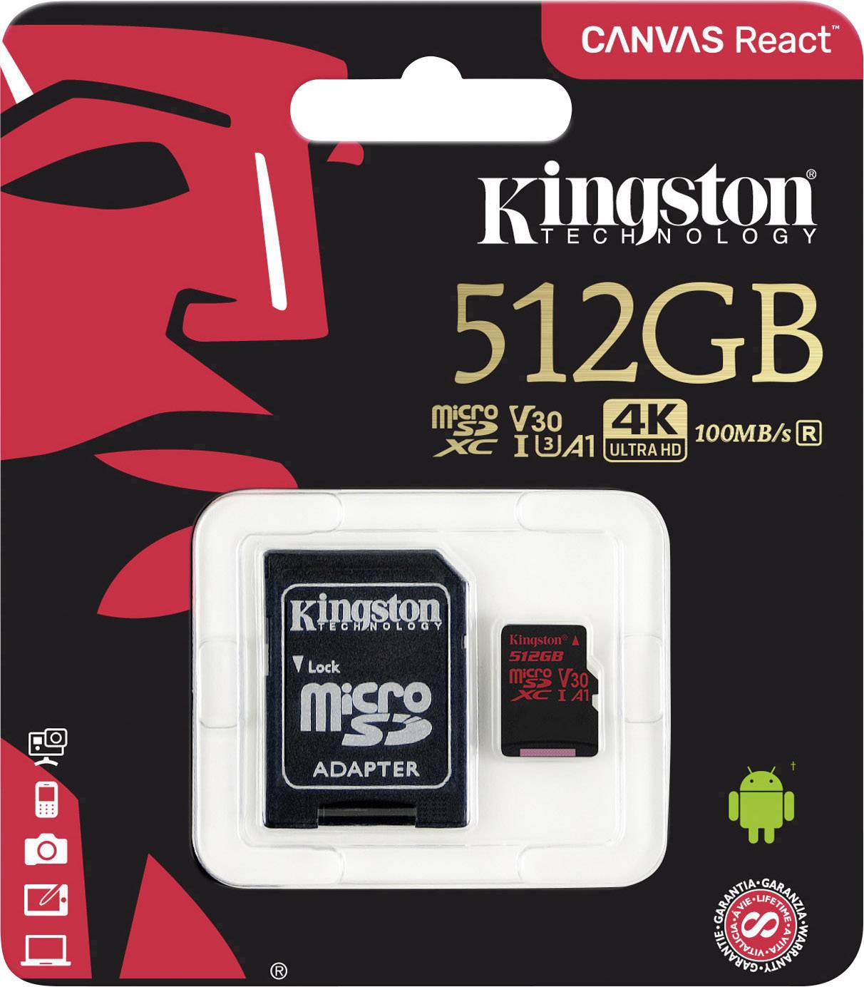 Kingston Canvas React microSDXC-Karte 512GB Class 10, UHS-I, Class 3 UHS-I , v30 Video Speed Class inkl. SD-Adapter