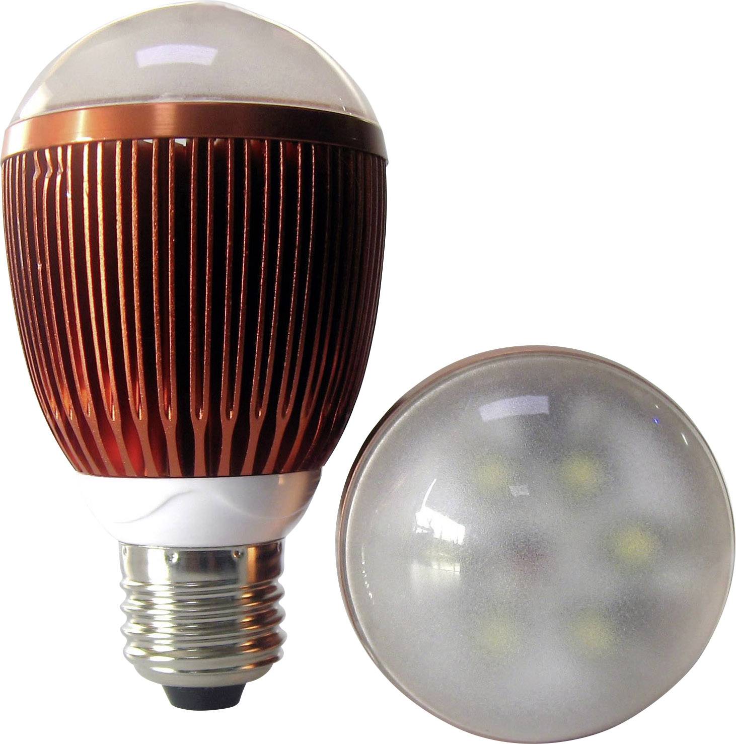 Eine LED-Glühbirne mit kupferfarbenem Gehäuse, neben der eine Draufsicht derselben Birne, die die internen Leuchtmittel zeigt.