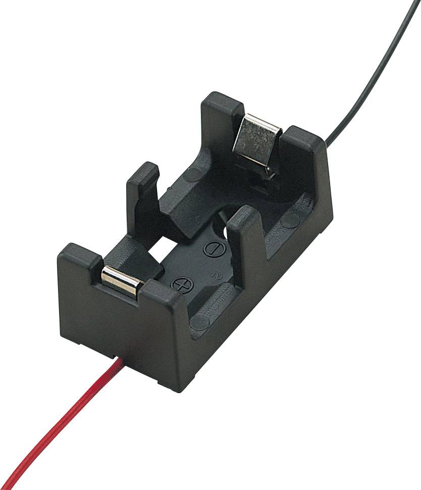 Batteriehalter für eine AA-Batterie mit zwei Kabeln, rot und schwarz, die aus dem Halter herausführen.