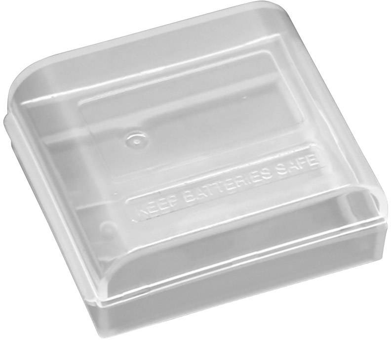 Durchsichtige Kunststoffbox mit dem Text 'Keep batteries safe', designed zur sicheren Aufbewahrung von Batterien.