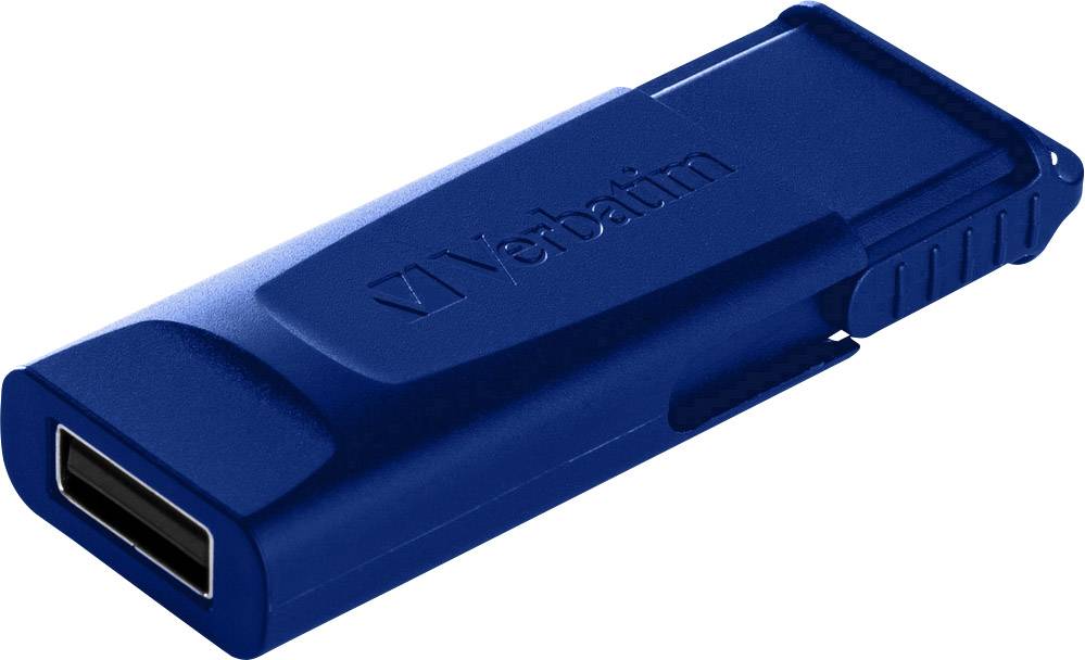 Ein blauer USB-Stick der Marke Verbatim, geschlossen und ohne angekoppeltes Kabel, auf weißem Hintergrund.