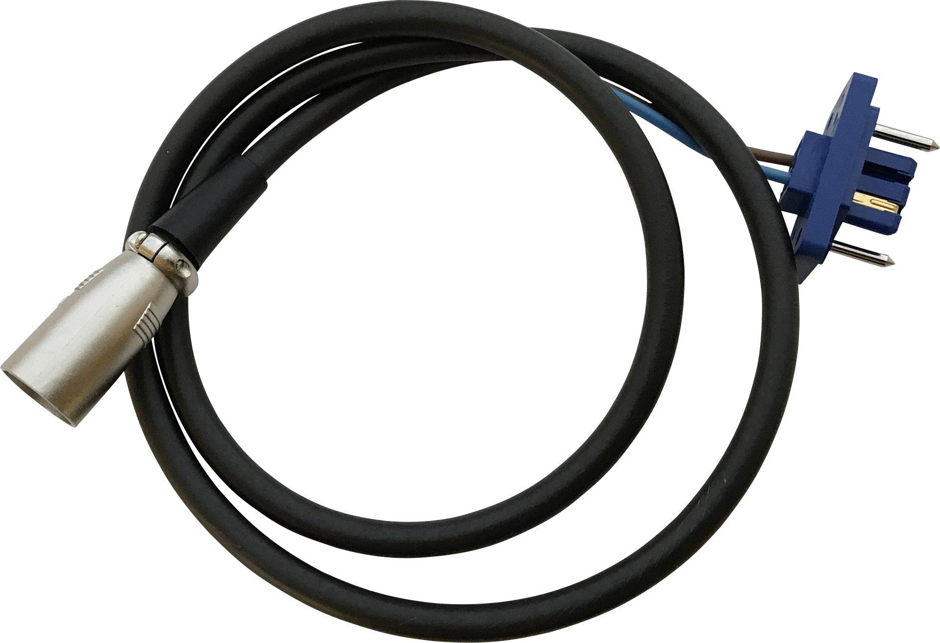Elektrokabel mit Stecker und Metallsteckverbindung, möglicherweise für Audiogeräte oder professionelle Elektronikanwendungen geeignet.