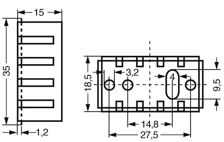 Technische Zeichnung eines rechteckigen Steckverbinders mit Maßen: Breite 35 mm, Höhe 15 mm, Tiefe 18,5 mm, Lochdurchmesser 4 mm.