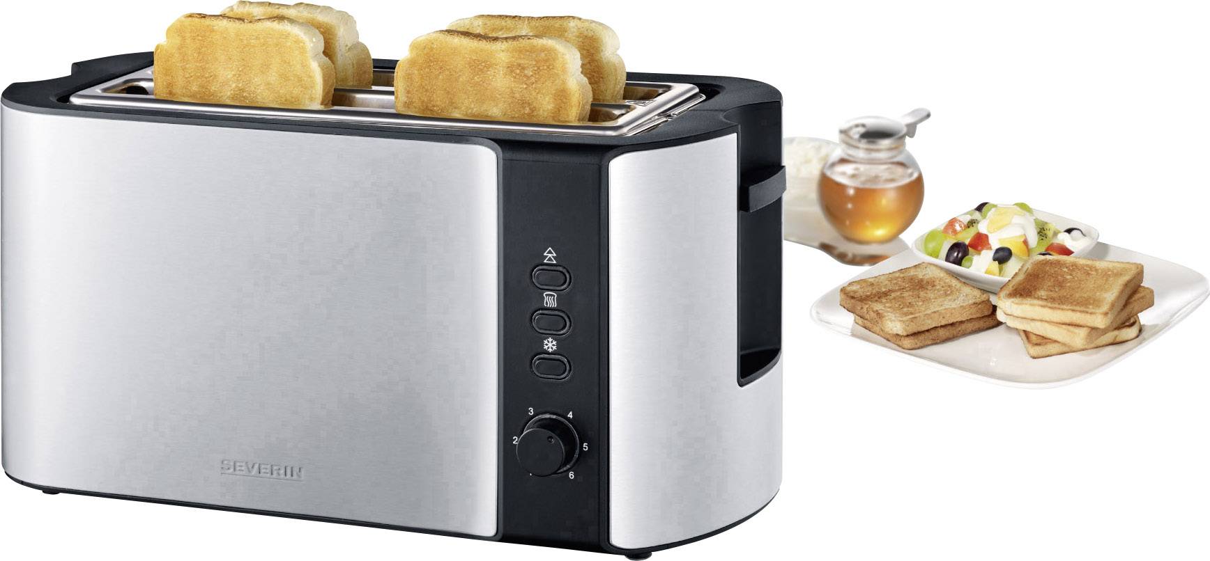 Severin AT 2590 Doppel-Langschlitztoaster mit Brötchenaufsatz Edelstahl, Schwarz