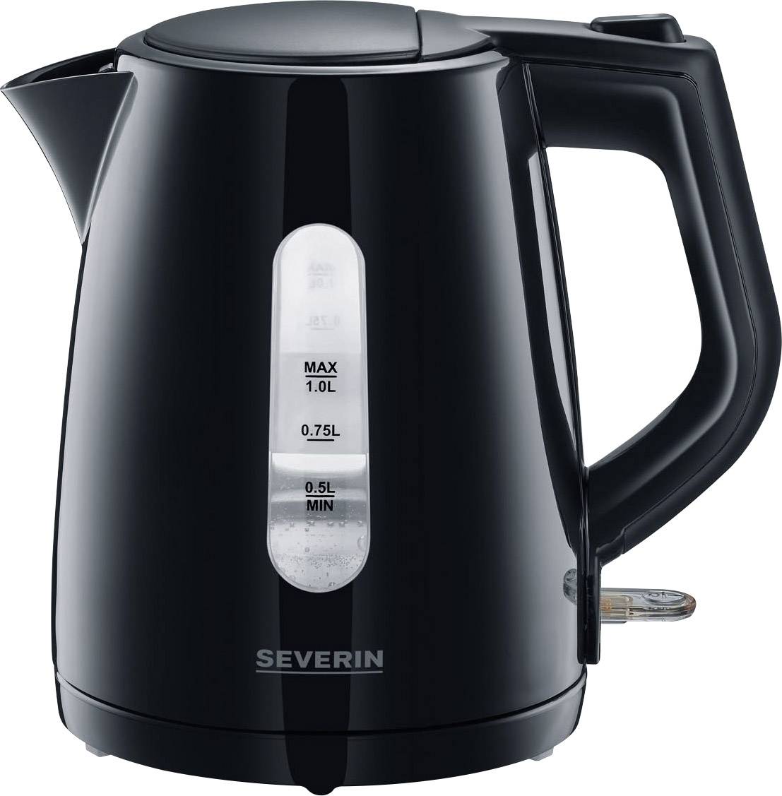 Schwarzer Wasserkocher mit einem Fassungsvermögen von 1,0 Litern. Eine transparente Wasserstandsanzeige zeigt Min- und Max-Markierungen.