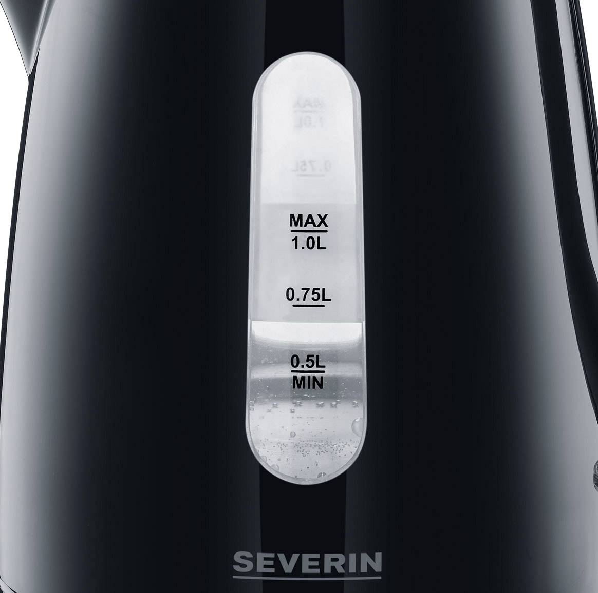 Ein schwarzer Wasserkocher mit einem transparenten Wasserfüllstandsanzeiger, der Markierungen für 0,5L, 0,7L und Max anzeigt.