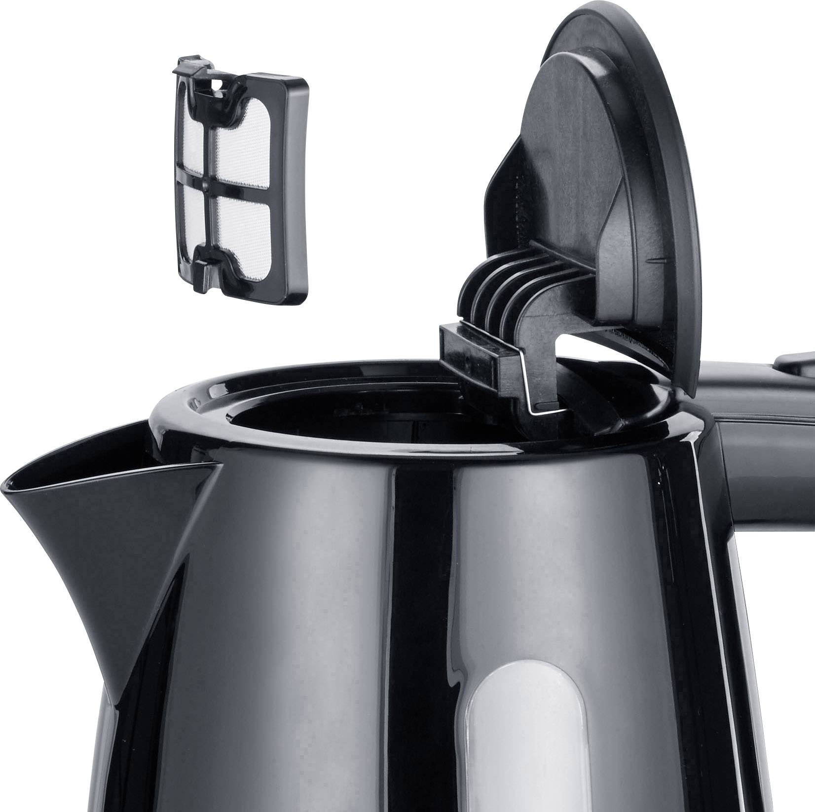 Wasserkocher mit offenem Deckel und herausnehmbarem Filter, bereit zur Befüllung. Schwarzes, modernes Design.