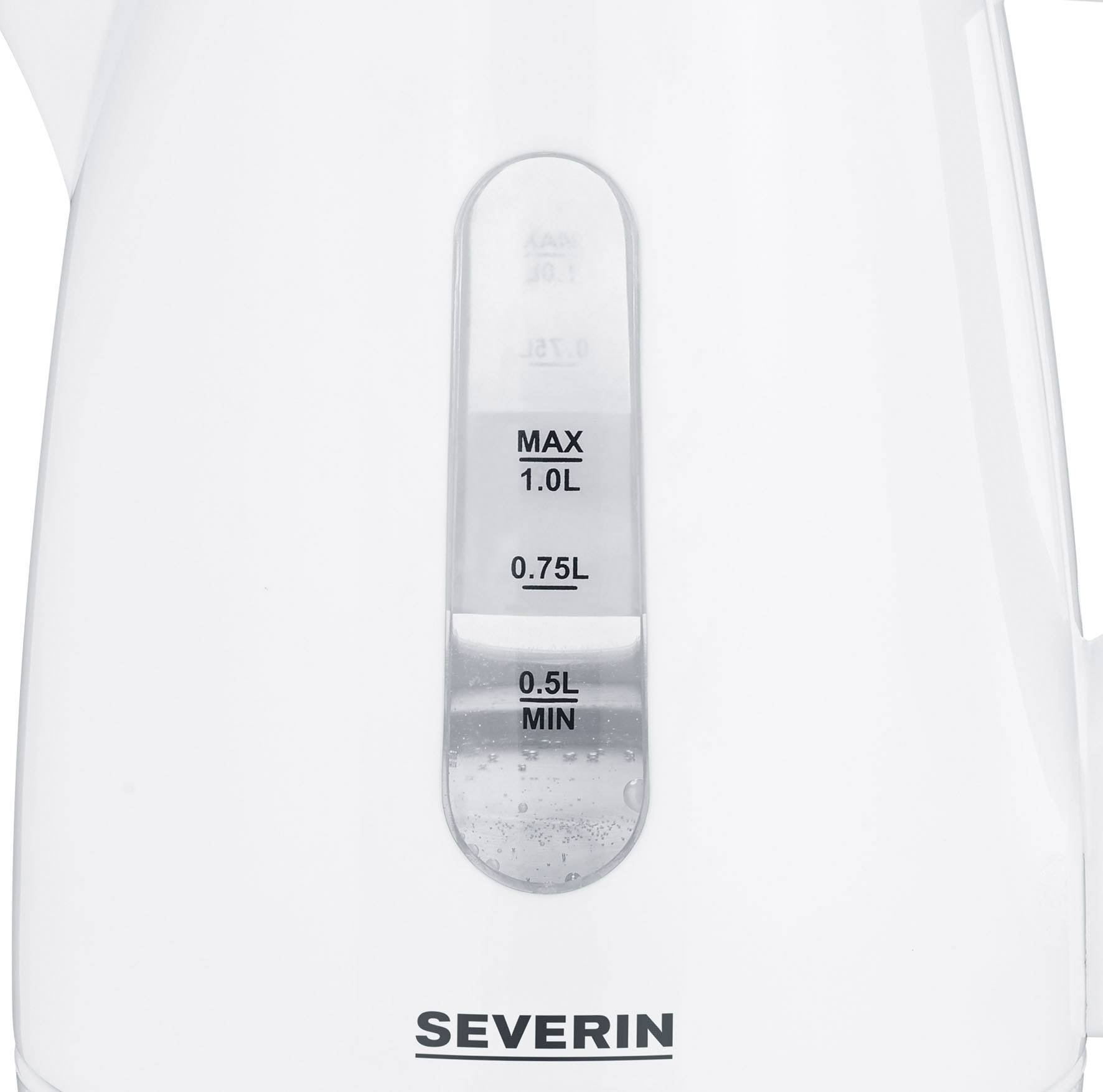 Ein weißer Wasserkocher mit sichtbarer Wasserstandsanzeige von 0,5 bis 1,0 Litern an der Seite und dem Markennamen darunter.
