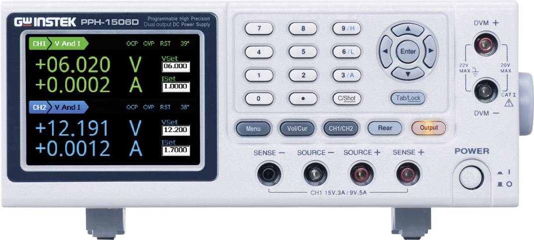 Elektronisches Messgerät mit Digitalanzeige zeigt Spannungen und Ströme für zwei Kanäle. Tastenfeld zur Bedienung.