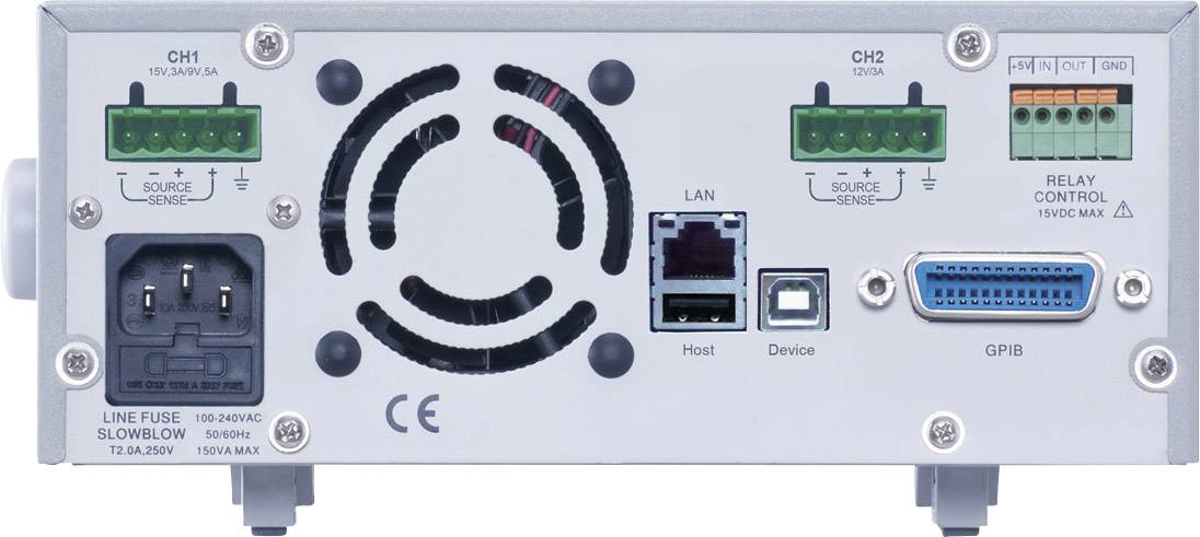 Die Rückseite eines elektronischen Geräts mit Anschlüssen für CH1 und CH2, LAN, GPIB, Netzanschluss und Lüfter. Beschriftungen für Funktionen sichtbar.