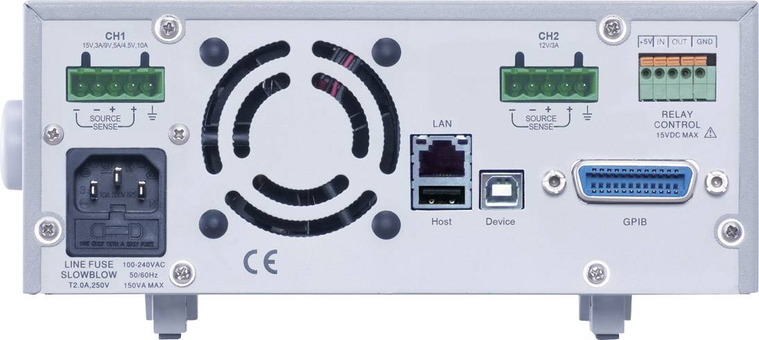 Rückseite eines elektronischen Geräts mit Stromanschlüssen, LAN- und GPIB-Schnittstelle, Sicherheits- und Steuerungsanschlüssen.