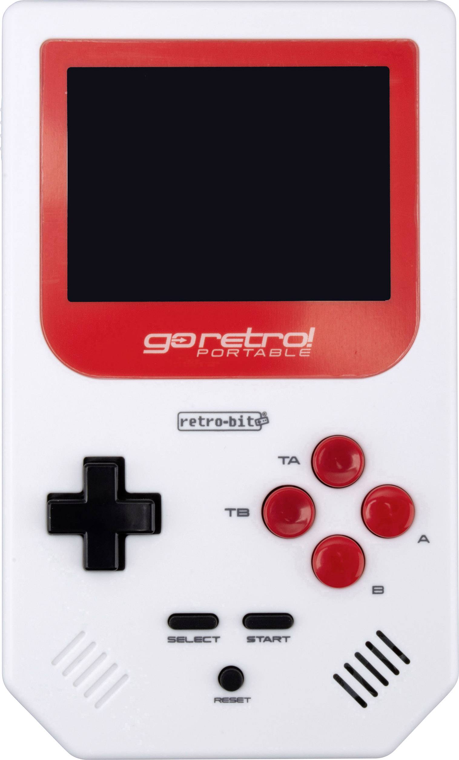 Ein weißer tragbarer Retro-Spielekonsolen-Controller mit rotem Bildschirmrahmen, schwarzem Steuerkreuz und roten Tasten.